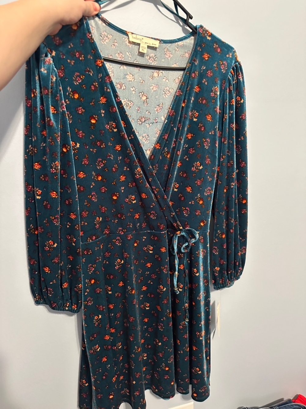 BeBop Teal Floral Velvet-Feel Wrap Dress with Self-Tie Waist